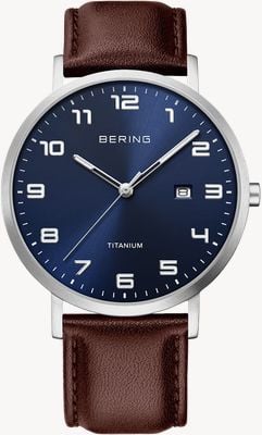 Bering Zegarek kwarcowy z tytanu (40mm) niebieska tarcza słoneczna / pasek ze skóry ciemnobrązowej 18640-505