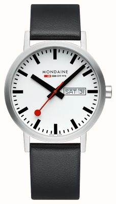 Mondaine Klassische Quarzuhr mit Wochentags- und Datumsanzeige (40 mm), weißes Zifferblatt / schwarzes veganes Lederarmband A667.30360.11SBBV