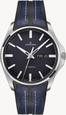 Junghans Meisters automatisch (Engelse datum) (40,5 mm) matte nachtblauwe wijzerplaat / zwart + blauwe synthetische band 27/4211.00