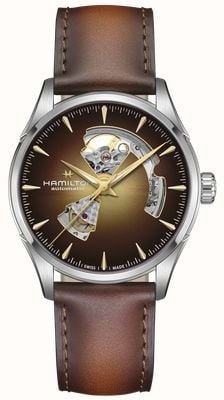 Hamilton Jazzmaster automático com mostrador degradê dourado (42 mm) e caixa aberta em formato de coração / pulseira de couro marrom H32705501