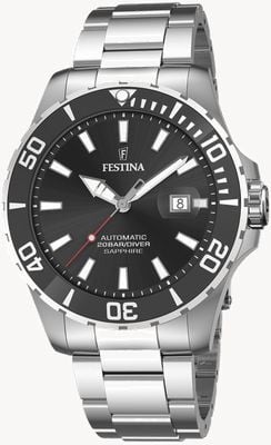 Festina Taucherautomatik (44 mm) schwarzes Zifferblatt / Edelstahlarmband F20531/4