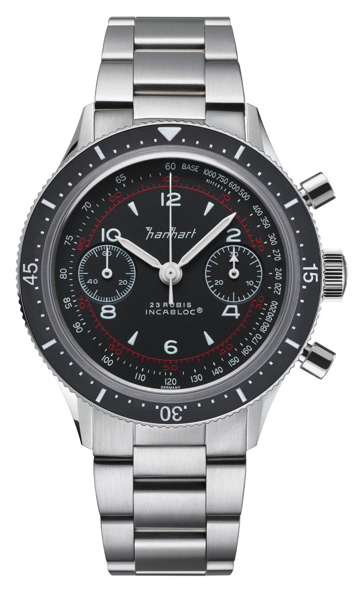 Hanhart 415 es pure (39 mm) cadran noir / bracelet en acier montre