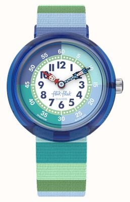 Flik Flak Gestreiftes Grün (31,85 mm) Blaues, grünes und weißes Zifferblatt / blau-grün gestreiftes Armband aus recyceltem PET-Gewebe FBNP226