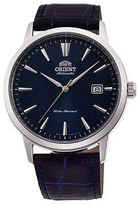 Orient Mechanische Uhr im modernen Stil (41,6 mm), dunkelblaues Zifferblatt / dunkelblaues Lederarmband RA-AC0F06L10B