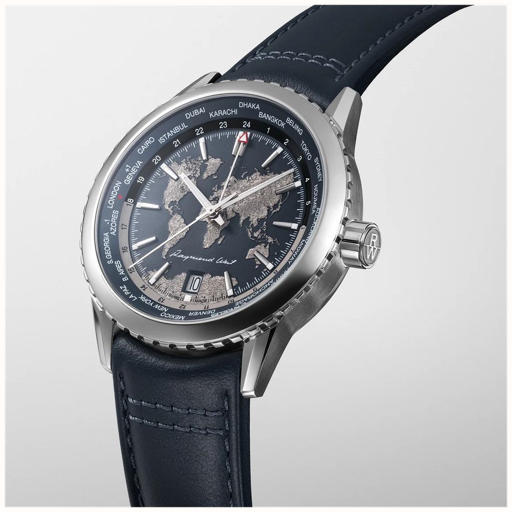 Raymond Weil Freelancer World-Traveller GMT Limited Edition (40mm) Blue 'World Map' Dial / Blue Leather Strap 2762-STC-02026 - vista alternativa 2