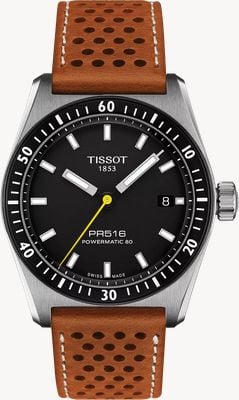 Tissot PR516 Powermatic 80 (38 mm) cadran noir / bracelet en cuir perforé marron T1494071605100