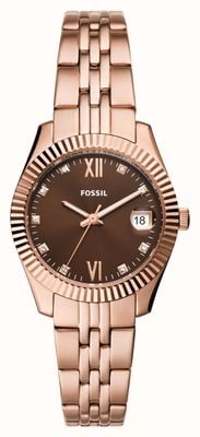 Fossil 女式猩红色（32 毫米）棕色表盘/玫瑰金色不锈钢表链 ES5324