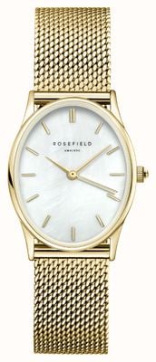 Rosefield Ovales (24 mm) weißes Perlmuttzifferblatt / vergoldetes Edelstahl-Mesh-Armband OWGMG-OV10