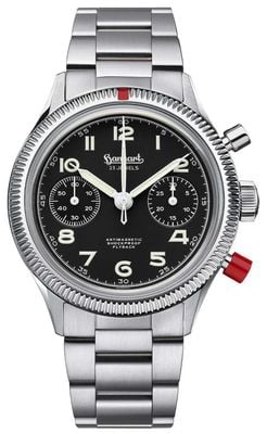 Hanhart 417 es heritage flyback - poussoir rouge (39 mm) cadran noir / bracelet en acier inoxydable H701.212-6428