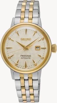 Seiko Presage Cocktail Time „White Lady“ Diamond Twist (30,3 mm) Champagner-Zifferblatt / Edelstahlarmbanduhr SRE010J1