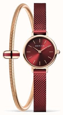 Bering Classic Rose Gold Bracelet Gift Set (22mm) Red Sunray Dial / Red PVD Stainless Steel Mesh 11022-363-LOVELY-5-GWP190