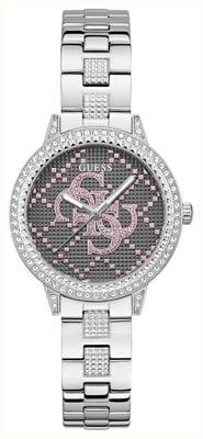 Guess G-Lace-Glas (34 mm), quattro 'g'-Logo, graues Zifferblatt / Edelstahlarmband GW0944L1