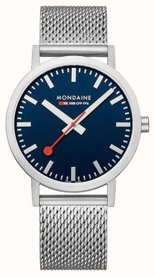 Mondaine Klasyczny zegarek siateczkowy o średnicy 40 mm i niebieskiej tarczy ze stali A660.30360.40SBJ