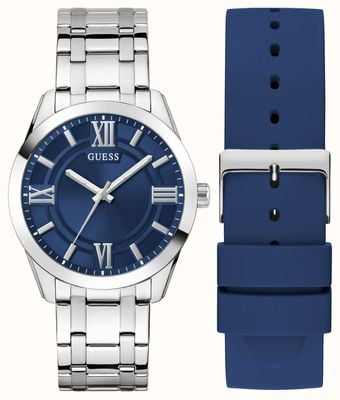 Guess Montre Elliot à quartz trois aiguilles - coffret cadeau (44 mm) cadran bleu / bracelet en acier et bracelet en caoutchouc bleu GW1008G1