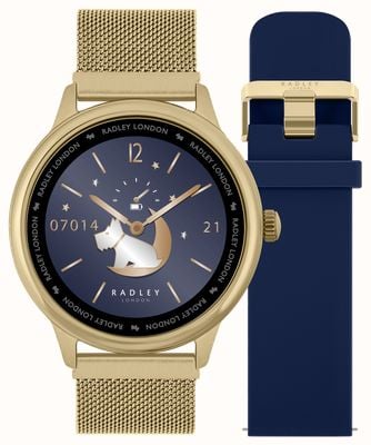 Radley Ensemble de montre intelligente avec appels intelligents série 19 (42 mm), maille dorée interchangeable et bracelet en silicone bleu RYS19-4014-SET