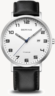 Bering チタン|日付ウィンドウ付きホワイトダイヤル|ブラックレザーストラップ|ブラッシュドチタンケース 18640-404