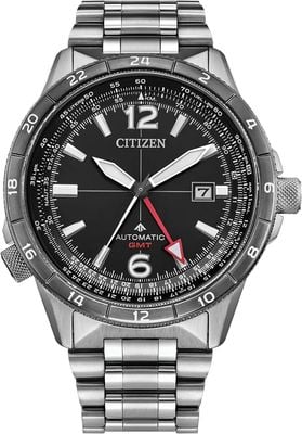 Citizen Promaster Air Automatik GMT (44,5 mm) schwarzes Zifferblatt / Edelstahlarmband NB6046-59E