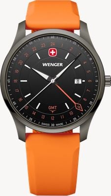 Wenger City GMT Quartz (42mm) Brushed Black Dial / Orange Silicone Strap 01.1442.104