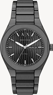 Armani Exchange Relógio de quartzo com três ponteiros, indicação de dia e data (42 mm), mostrador cinza texturizado / pulseira em aço inoxidável com revestimento PVD cinza. AX4300
