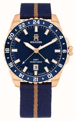 Tommy Hilfiger Мужские часы th85 gmt (42 мм) с синим циферблатом и синим ремешком из океанской ткани 1792130