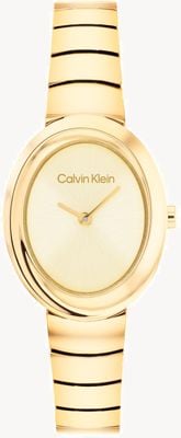 Calvin Klein Skręcony pierścień, kwarcowy zegarek z dwoma wskazówkami (24 mm), złota tarcza / bransoleta ze stali nierdzewnej z powłoką PVD 25100147