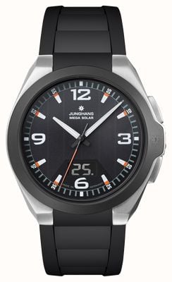 Junghans Spektrum Mega Solar (41,6 mm) com mostrador preto e pulseira de borracha sintética preta. 18/1526.00