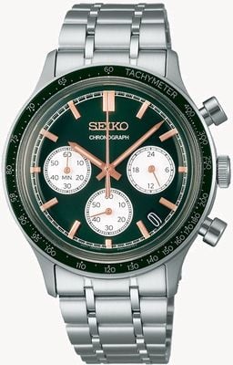 Seiko 赛车运动计时码表（38.7毫米）绿色表盘/不锈钢表链 SSB481P1