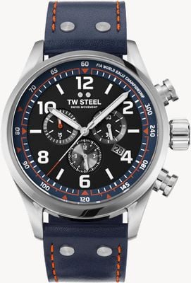 TW Steel Swiss Volante Fast Lane World Rally Championship Special (48 mm) schwarzes Zifferblatt / blaues Lederarmband SVS311