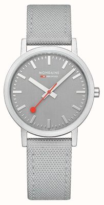 Mondaine Klasyczny szary zegarek o średnicy 36 mm, z szarym paskiem pochodzącym z recyklingu A660.30314.80SBH