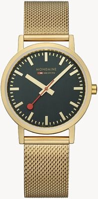 Mondaine Klassisch | 36mm | grünes Zifferblatt | IP-Gold-Mesh-Armband A660.30314.60SBM