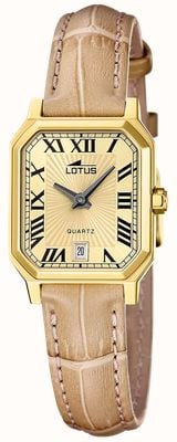 Lotus Square Quarzuhr (21,2 mm) mit goldfarbenem Zifferblatt mit Sonnenschliff und hellbraunem Lederarmband 19083/2