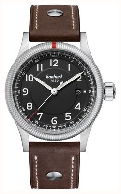 Hanhart Pioneer One Automatic (42 mm) quadrante nero / cinturino in pelle marrone scuro con rivetti - m 762.210-0110