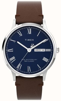 Timex Reloj Waterbury (40 mm) para hombre con esfera azul y correa de piel marrón. TW2W14900