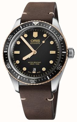 ORIS Divers sessenta e cinco mostrador preto automático (40 mm) / pulseira de couro marrom escuro 01 733 7707 4354-07 5 20 55