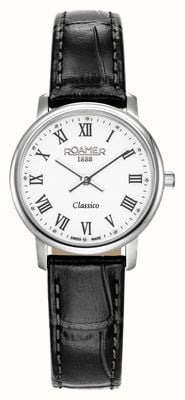 Roamer Montre à quartz Classico pour femme (30 mm) cadran blanc / bracelet en cuir noir 971857 41 25 05