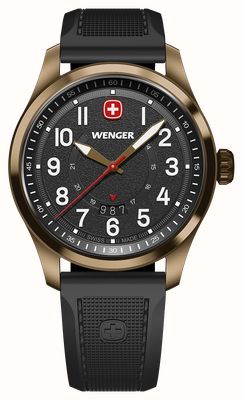 Wenger Reloj Terragraph de cuarzo bronce (43 mm) con esfera negra texturizada y correa de silicona negra. 01.0541.125