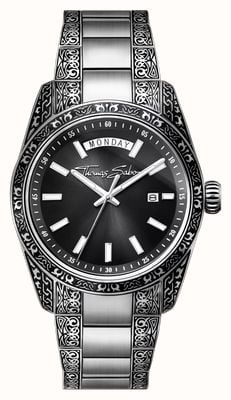 Thomas Sabo Rebell im Herzen „Revive“ (40 mm), schwarzes Zifferblatt mit Sonnenschliff / graviertes Edelstahlarmband WA0438-201-203-40