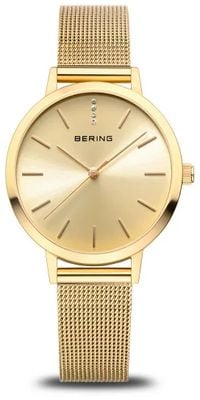 Bering Klassische Damenuhr (34 mm) mit goldenem Sonnenschliff-Zifferblatt / goldfarbenem Milanaise-Armband aus Edelstahl 13434-333