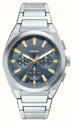 Fossil Chronographe Everett (44 mm), cadran bleu / bracelet en acier inoxydable FS6154