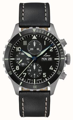 Laco Kiel sport (43mm) czarna tarcza chronografu / czarny skórzany pasek (niemiecka data) 862180-GERMANDATE
