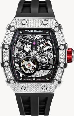 TSAR BOMBA Elemental Series Crystal Automatic (43.5mm) Black Skeleton Dial / Black FKM Rubber Strap TB8208D-06