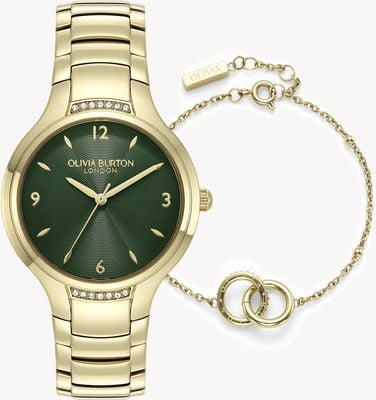 Olivia Burton Set regalo orologio e braccialetto Lea (34 mm) quadrante verde / orologio con braccialetto in acciaio inossidabile PVD dorato 24070022 ex display