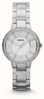Fossil Virgínia feminina | mostrador de prata | conjunto de cristal | pulseira de aço inoxidável ES3282