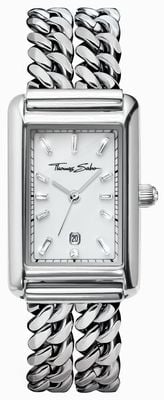 Thomas Sabo Rechteckiges (22 mm) weißes Zifferblatt mit Sonnenschliff aus Kristallquarz / zweireihiges Edelstahlarmband WA0428-201-201-22