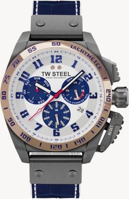TW Steel Chronographe Damon Hill édition limitée (46 mm) cadran satiné blanc / bracelet en cuir bleu foncé TW1018