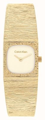 Calvin Klein Elegantes quadratisches Quarzwerk (20 mm) mit zwei Zeigern, goldenem Zifferblatt und goldfarbenem PVD-beschichtetem Edelstahlarmband 25100178