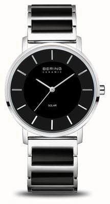 Bering Montre solaire pour femme (35 mm) avec cadran noir / bracelet en acier inoxydable et céramique noire 19535-742
