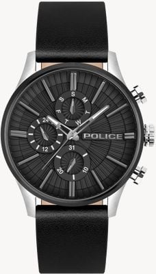 Police BARTER Quartz Multifunction (44mm) Black Dial / Black Leather Strap PEWJF2195040
