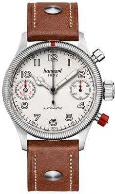 Hanhart Automatyczny chronograf Pioneer Twindicator (45 mm) z tarczą w kolorze antycznej bieli / jasnobrązowym paskiem ze skóry - m 731.200-0210
