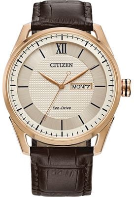 Citizen Eco-Drive Classic (42 mm), elfenbeinfarbenes Zifferblatt / braunes Lederarmband AW0082-01A